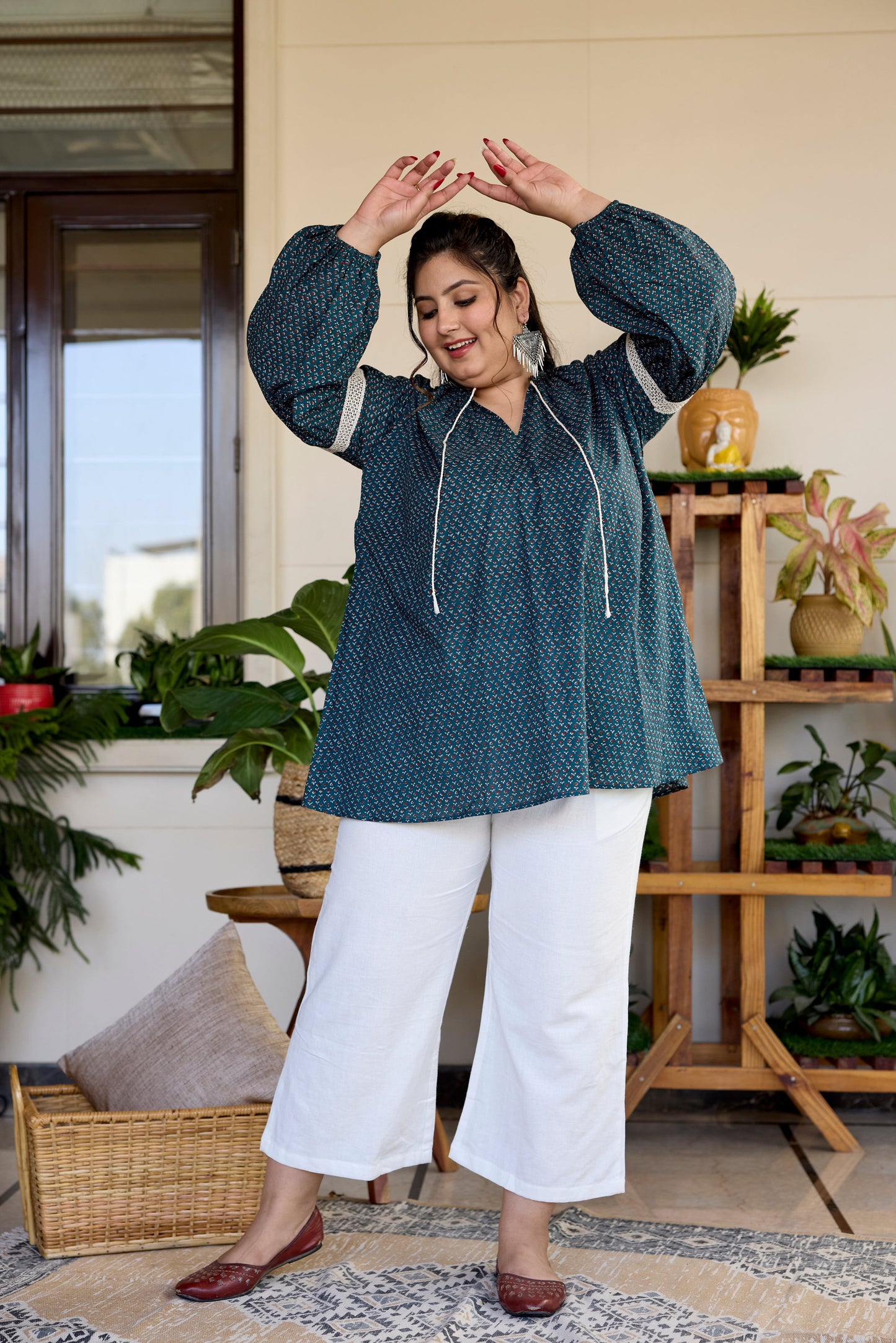 Earthy Green Cotton Sanganeri Print Top (Only Top)