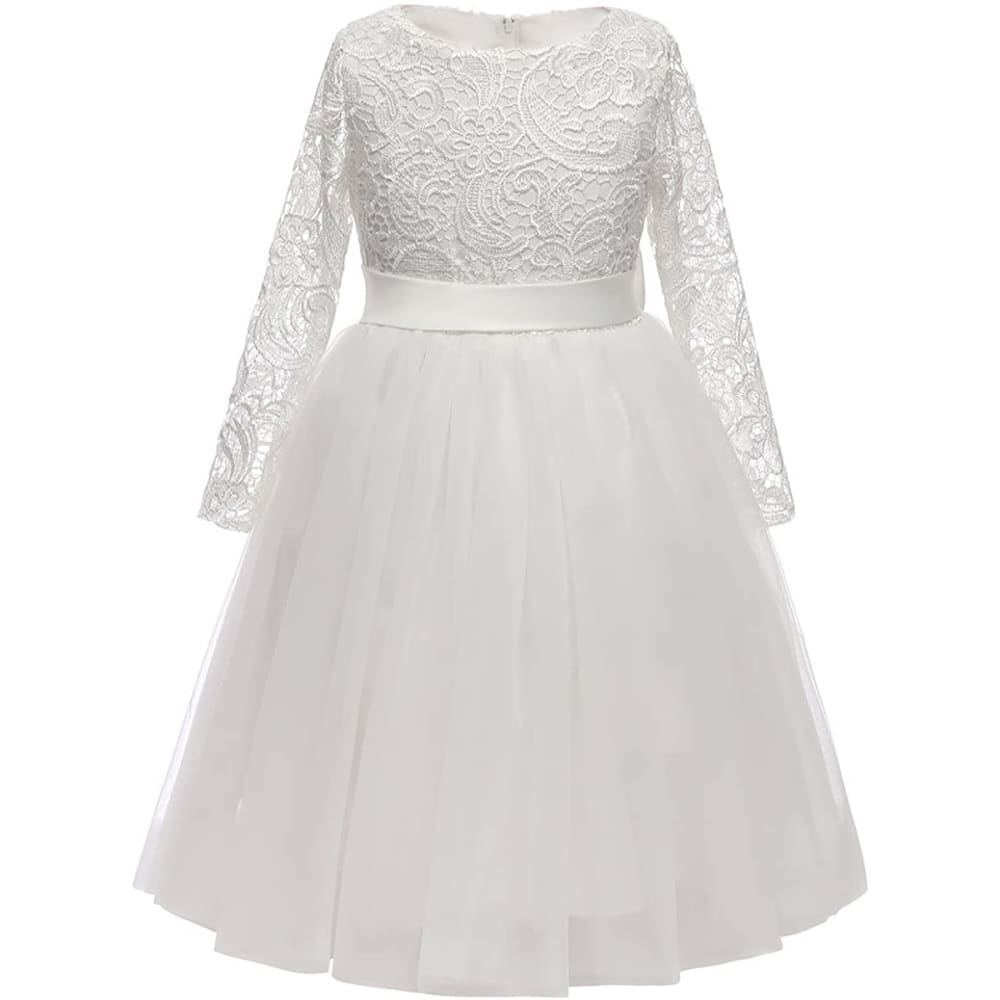 Flower Girl Dress Long Sleeves Lace Top Tulle Skirt Girls
