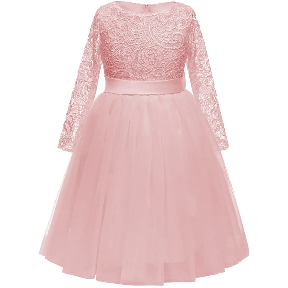 Flower Girl Dress Long Sleeves Lace Top Tulle Skirt Girls