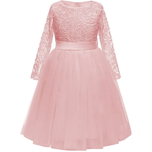 Flower Girl Dress Long Sleeves Lace Top Tulle Skirt Girls