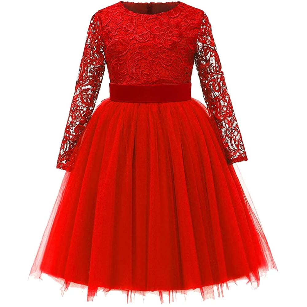 Flower Girl Dress Long Sleeves Lace Top Tulle Skirt Girls