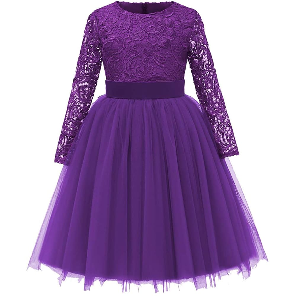 Flower Girl Dress Long Sleeves Lace Top Tulle Skirt Girls