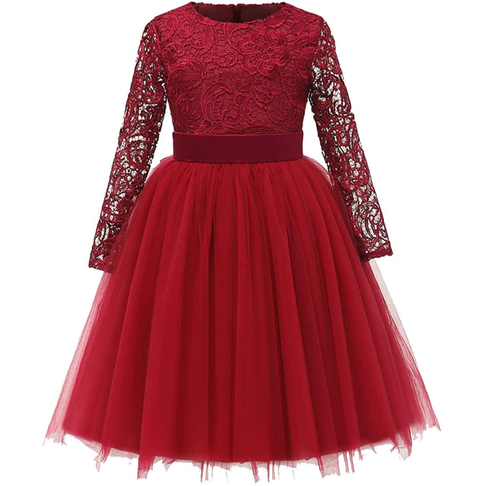 Flower Girl Dress Long Sleeves Lace Top Tulle Skirt Girls