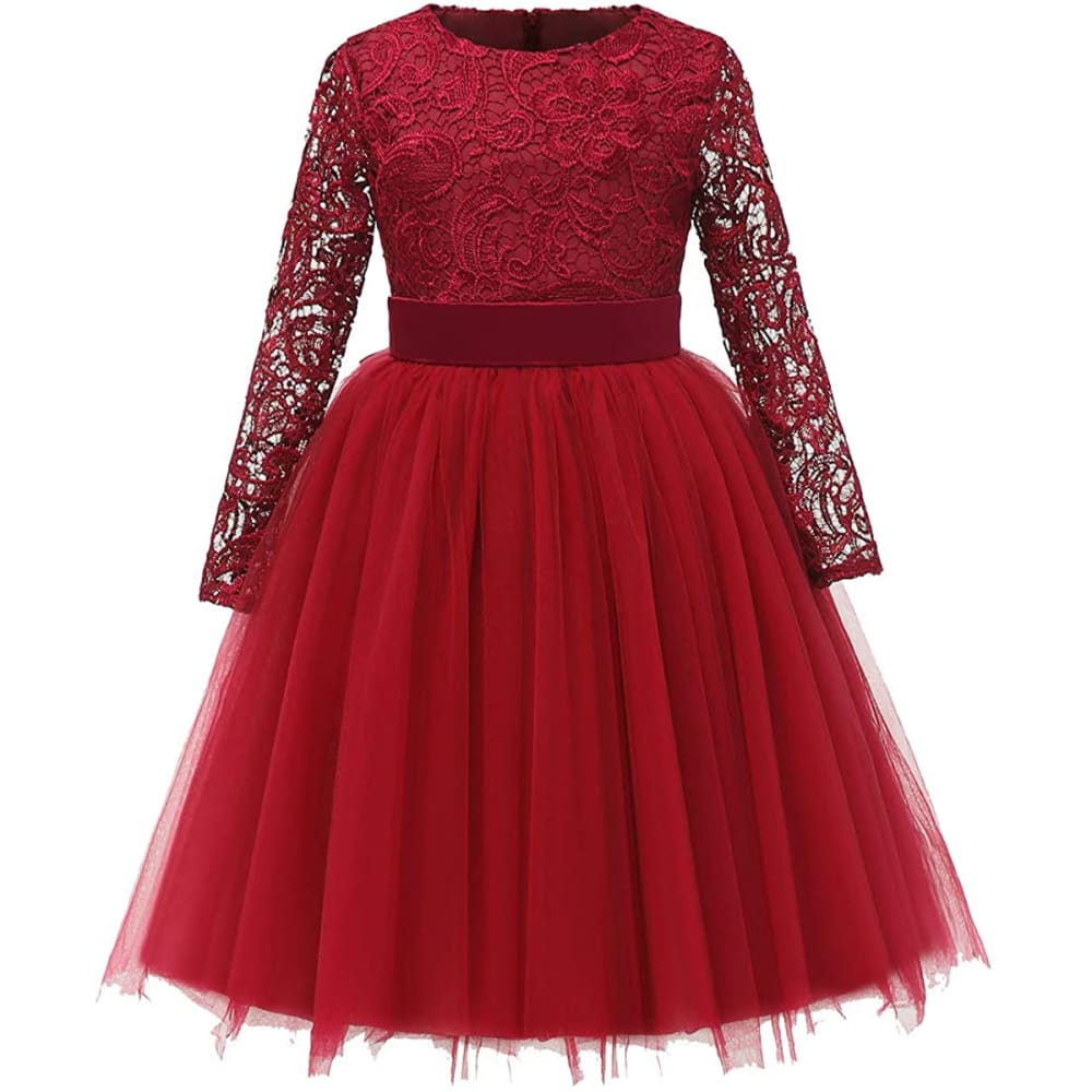 Flower Girl Dress Long Sleeves Lace Top Tulle Skirt Girls 