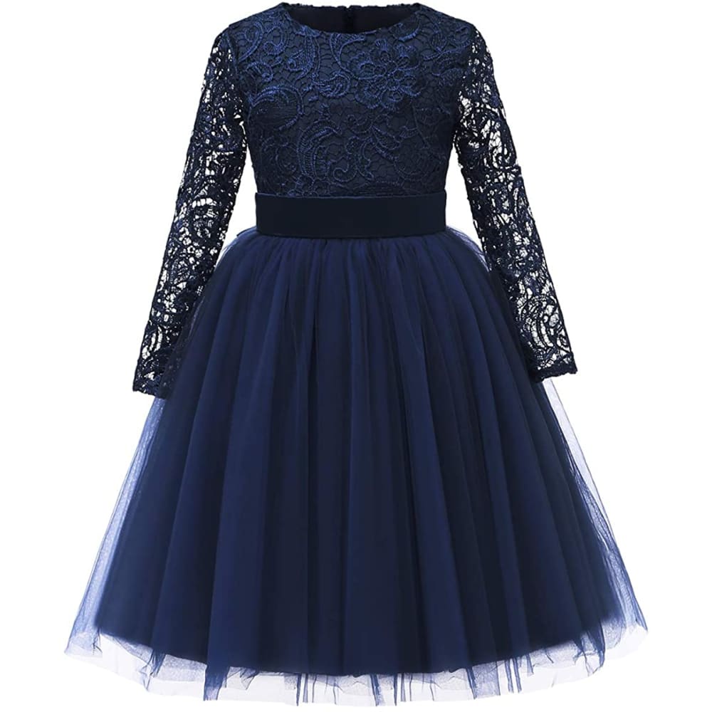 Flower Girl Dress Long Sleeves Lace Top Tulle Skirt Girls