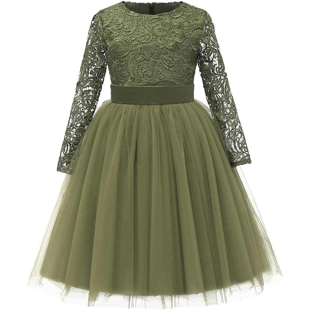 Flower Girl Dress Long Sleeves Lace Top Tulle Skirt Girls