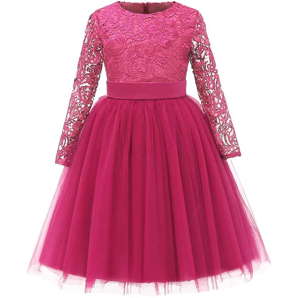 Flower Girl Dress Long Sleeves Lace Top Tulle Skirt Girls