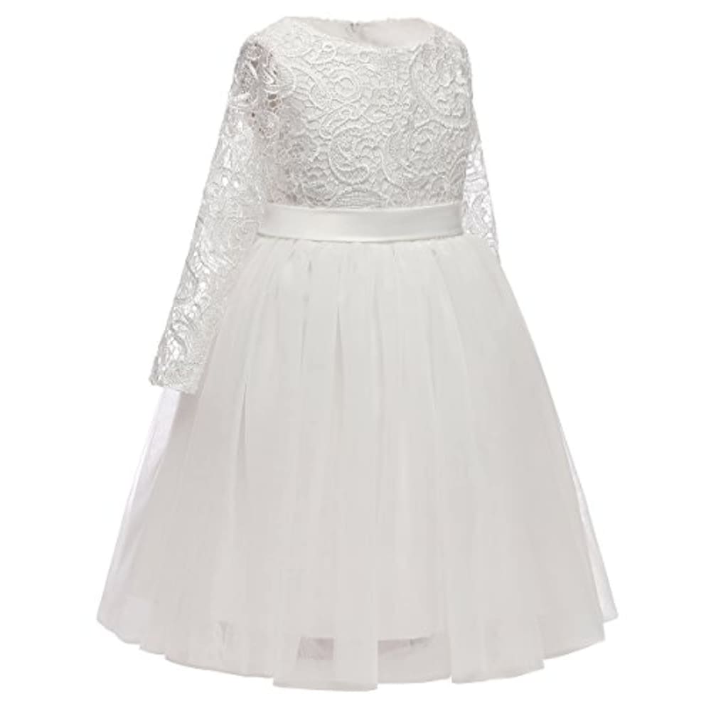 Flower Girl Dress Long Sleeves Lace Top Tulle Skirt Girls