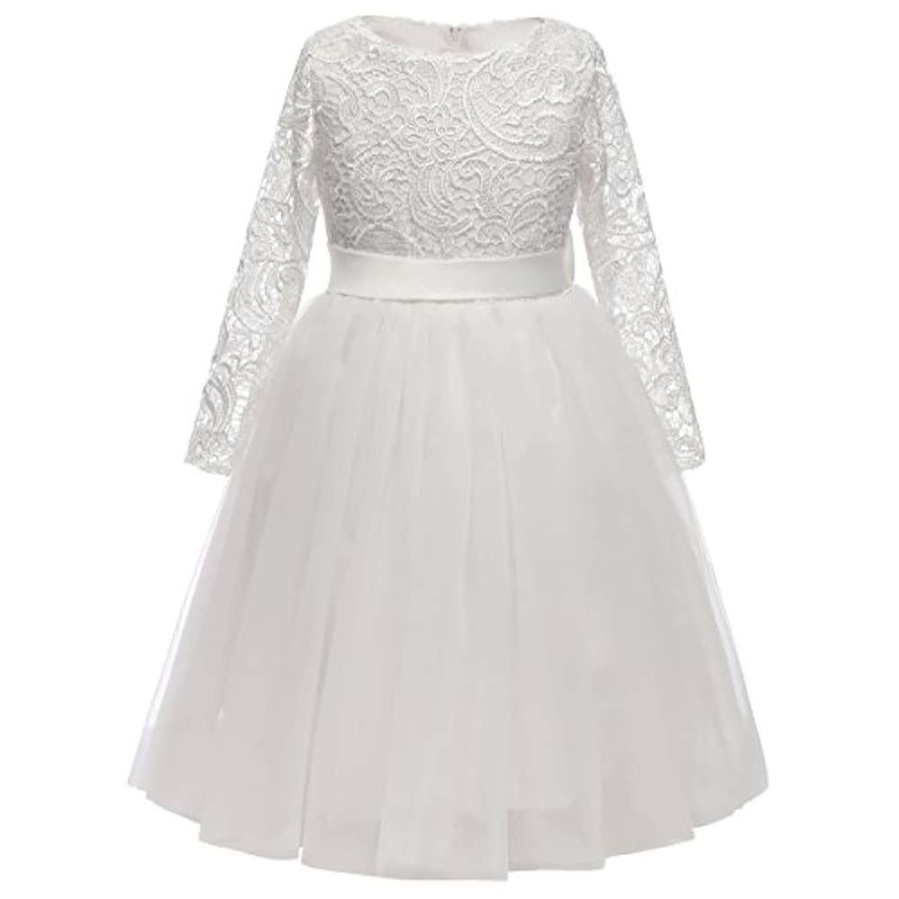 Flower Girl Dress Long Sleeves Lace Top Tulle Skirt Girls
