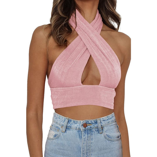 Halter Neck Criss Cross Sexy Y2k Tops Backless Cami Tank -