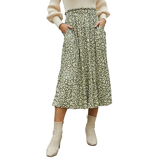 Midi Skirt Womens High Waist Polka Dot Pleated Swing with