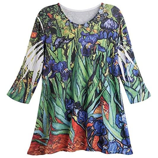 SOLE DIONE STUDIO Womenβs Tunic Top Irises Fine Art Print