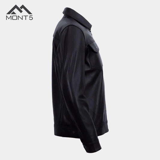 MONT5 Diran Men Black Classic Leather Jacket with Shirt Collar