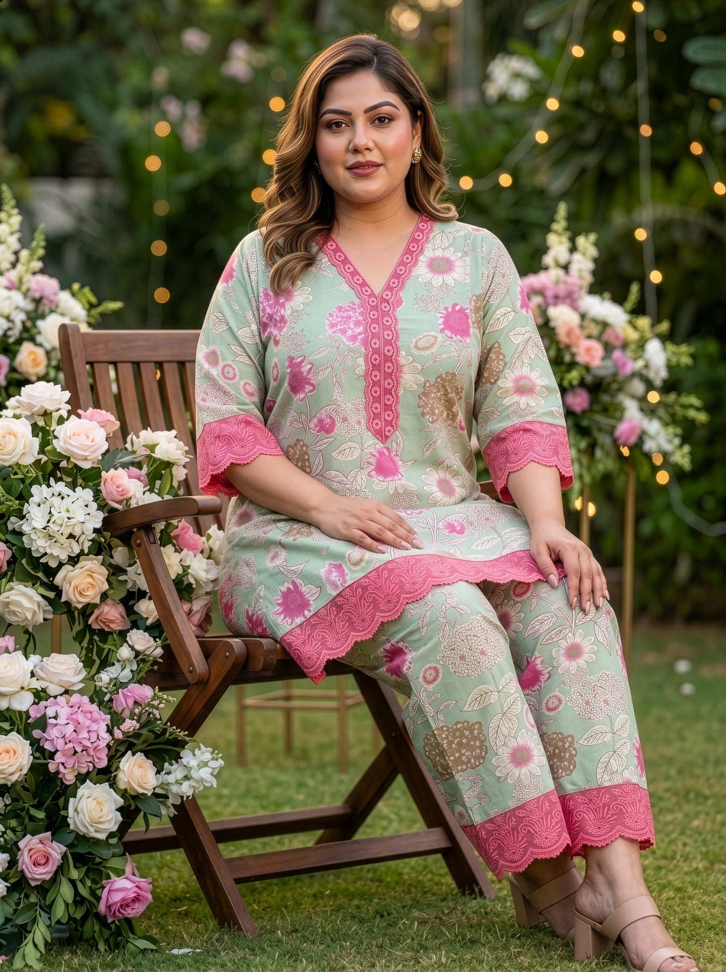Plus Size Pink and Sage Green Floral Cotton Co-ord Set – Printed Top & Pants