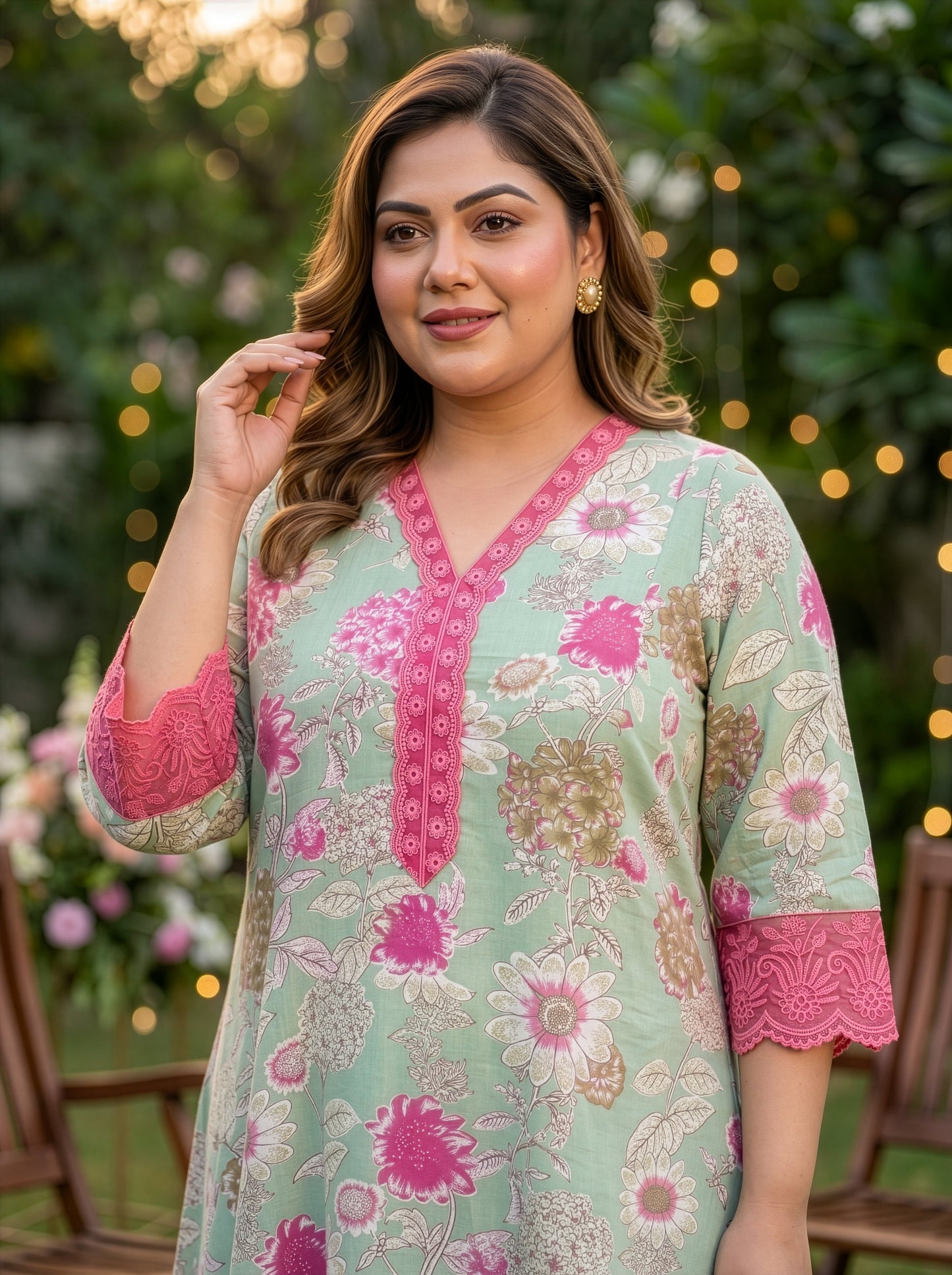 Plus Size Pink and Sage Green Floral Cotton Co-ord Set – Printed Top & Pants