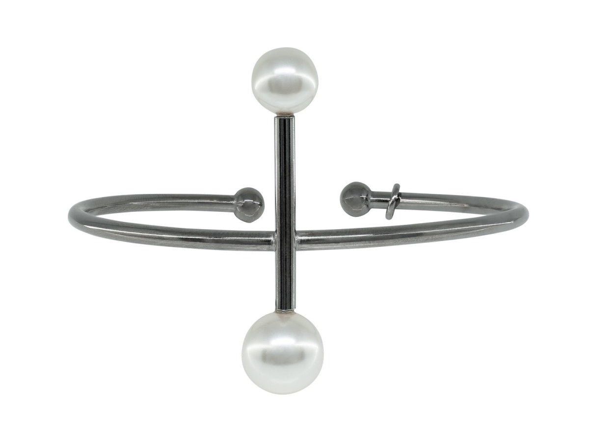 Fronay 326148B Swarovski Pearl Cross Bar Bangle Bracelet in Black Plat