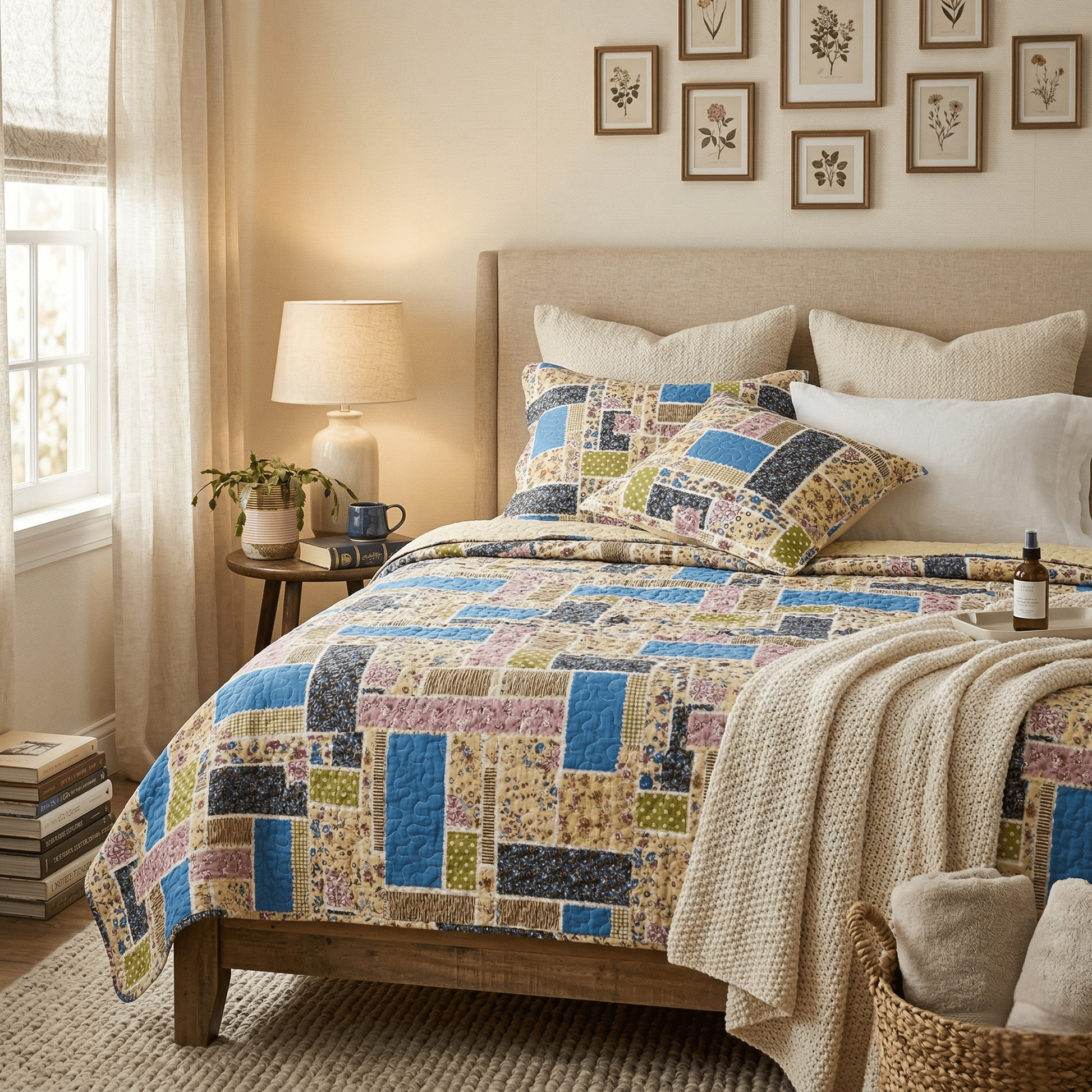 DaDa Bedding Cottage Blue Ivory Yellow Floral Scalloped Cotton