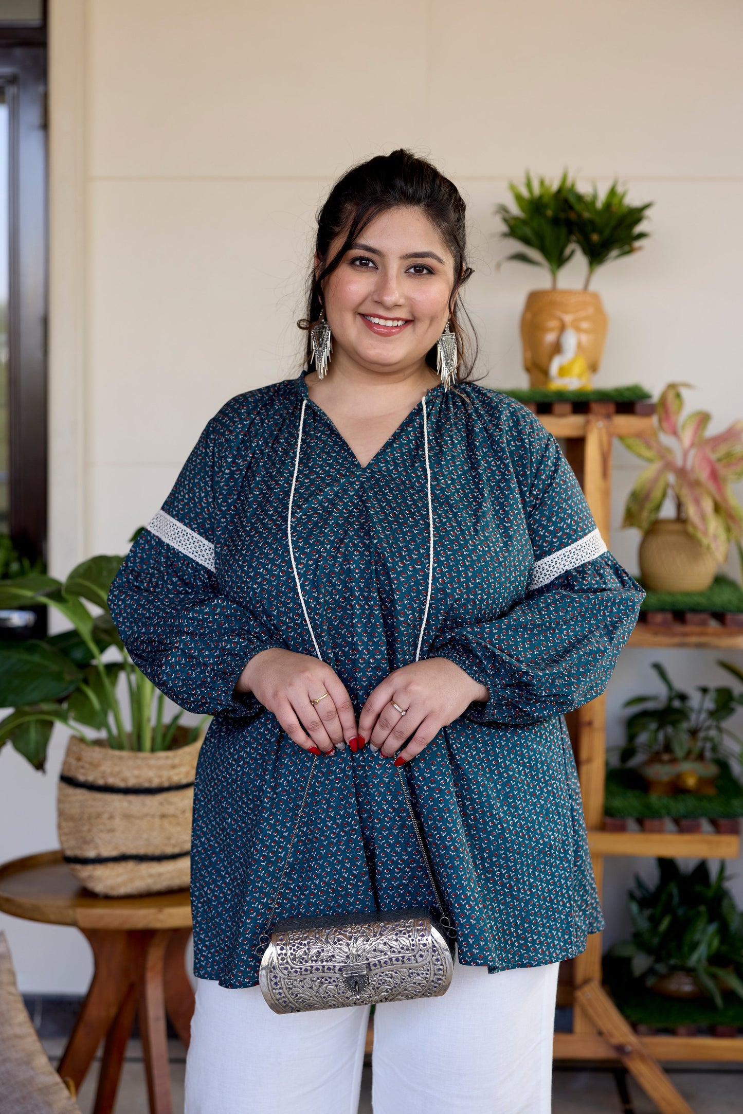 Earthy Green  Cotton Sanganeri Print Top (Only Top)