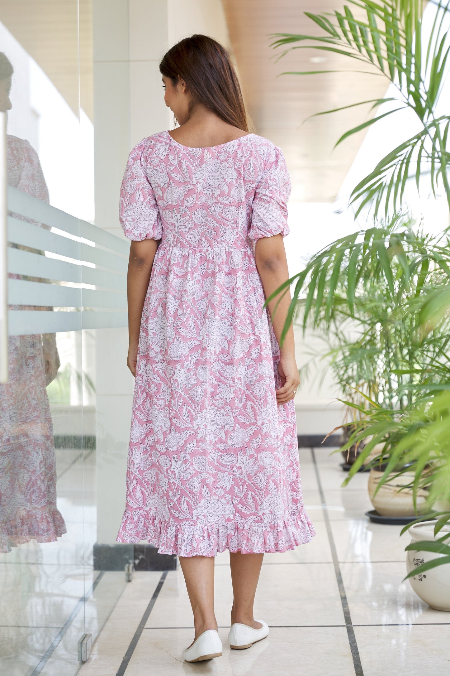 Regular Pink Floral Cotton Gathered Maxi