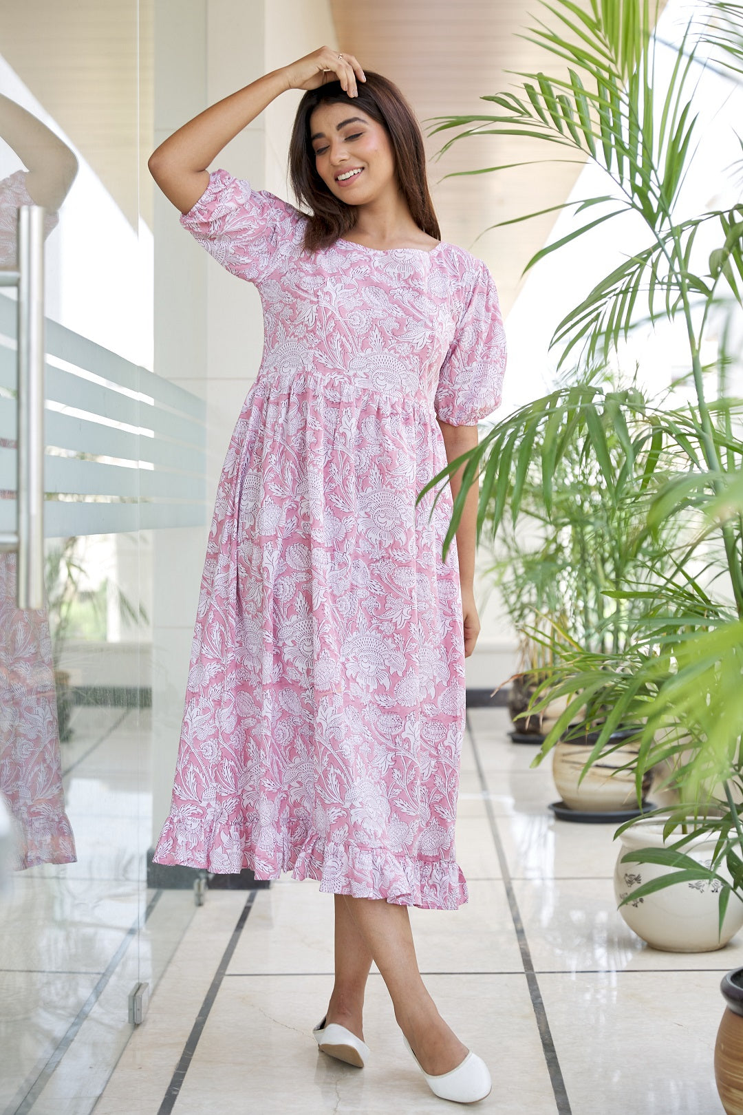 Regular Pink Floral Cotton Gathered Maxi