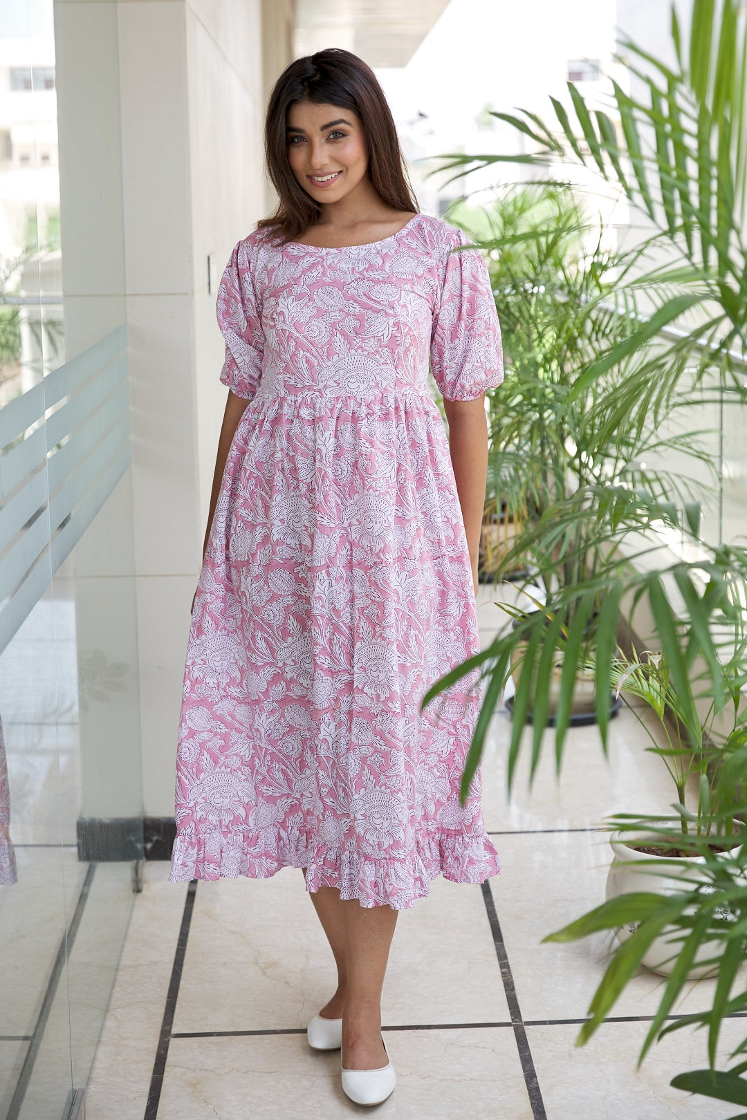 Regular Pink Floral Cotton Gathered Maxi