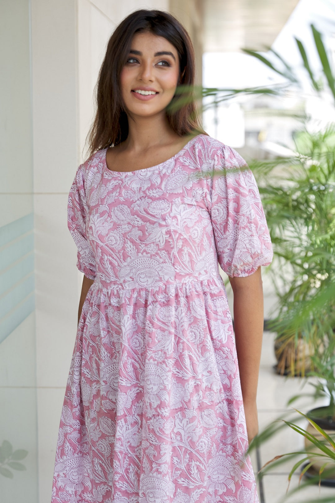 Regular Pink Floral Cotton Gathered Maxi