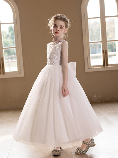 Teen Girls White Wedding Gauze Dress Lace Embroidery Big Bow Evening