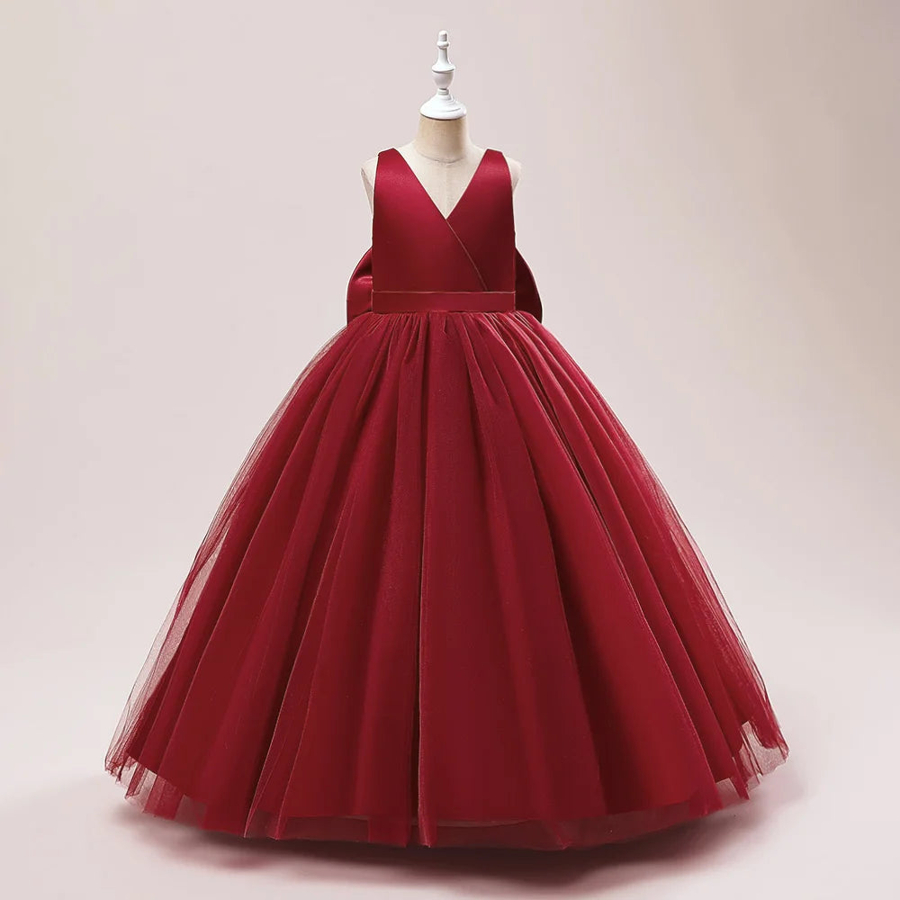 Girl Long White Bridesmaid Dresses For Wedding Prom Gown Big Bow Girls