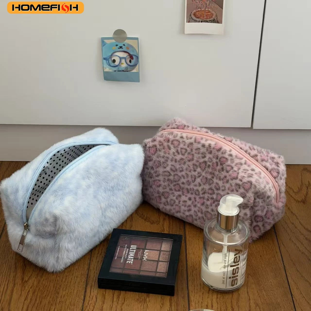 HOMEFISH Durable Fuzzy Makeup Bag Large Capacity Leopard Print