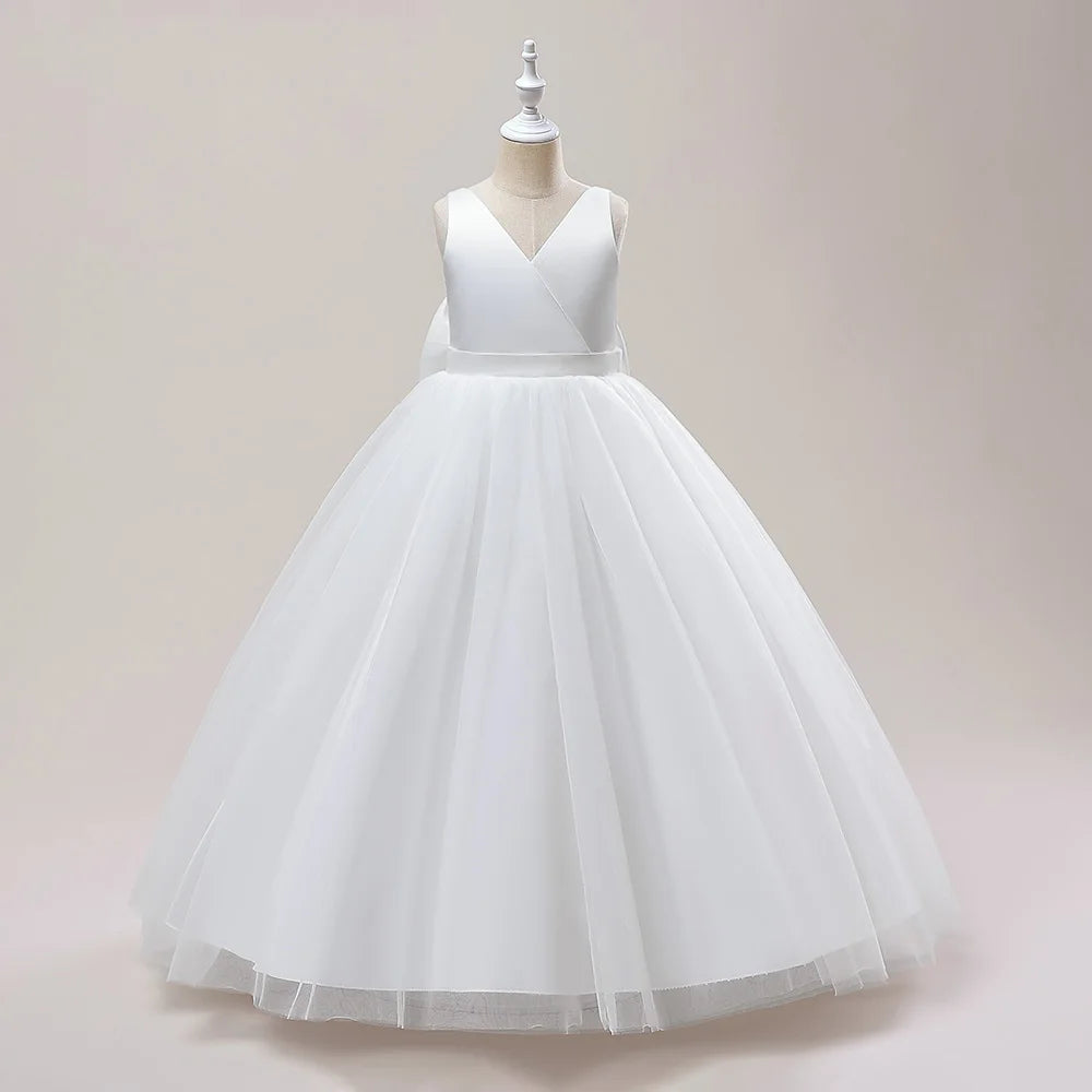 Girl Long White Bridesmaid Dresses For Wedding Prom Gown Big Bow Girls