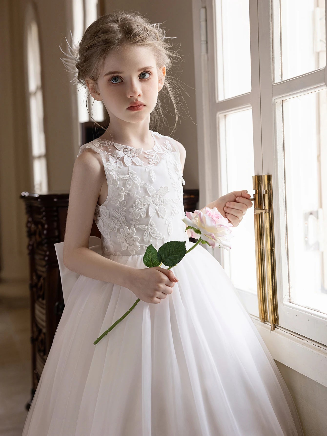 Teen Girls White Wedding Gauze Dress Lace Embroidery Big Bow Evening