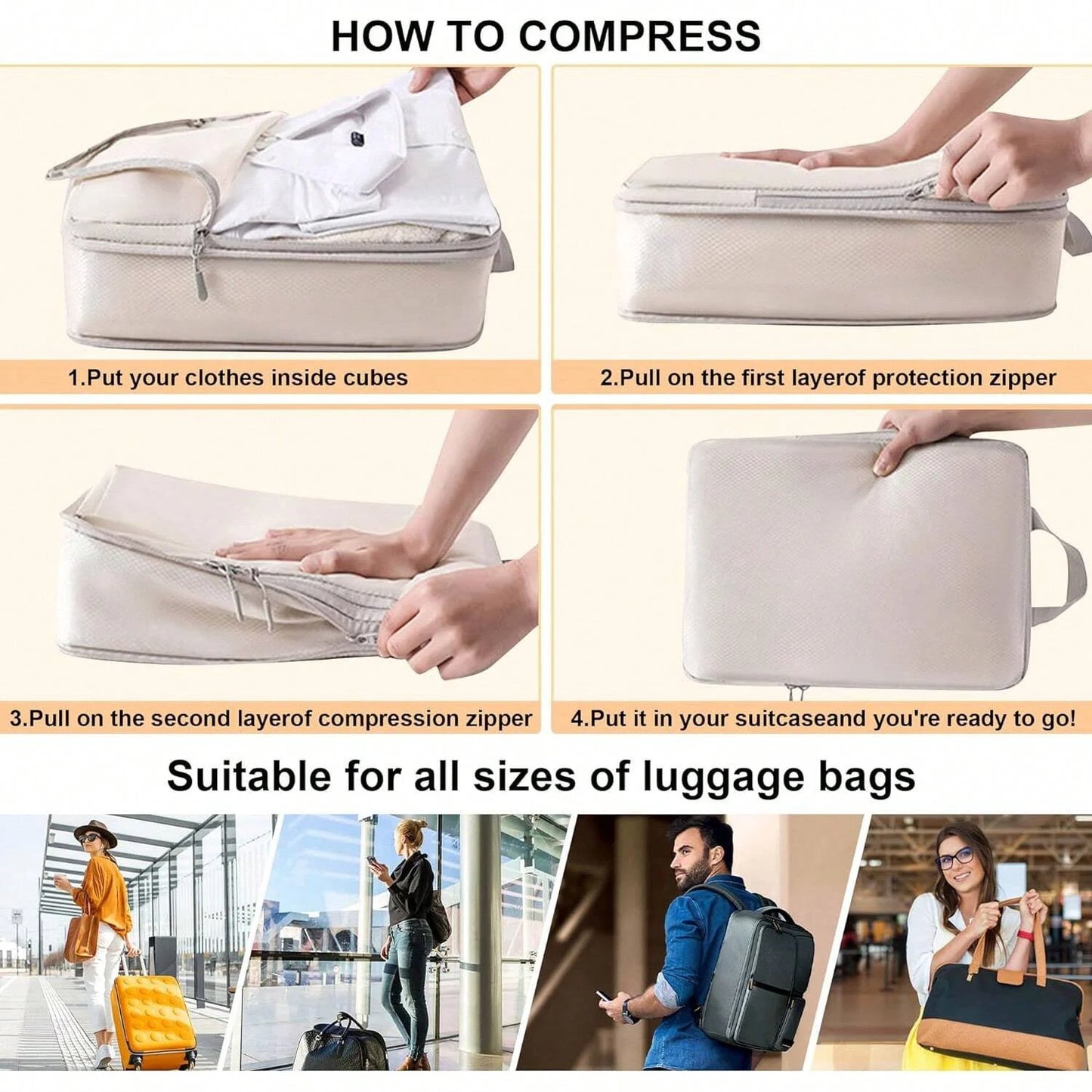 Set/6 pcs Compressible Packing Travel Storage Bag Cubes Waterproof