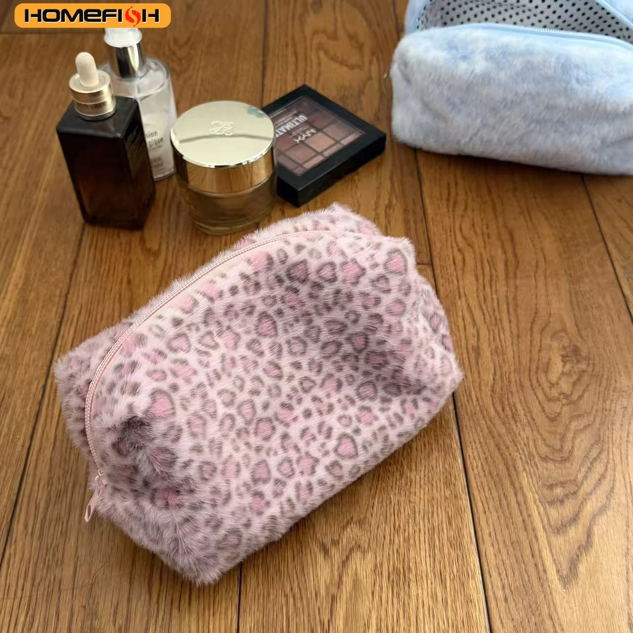 HOMEFISH Durable Fuzzy Makeup Bag Large Capacity Leopard Print