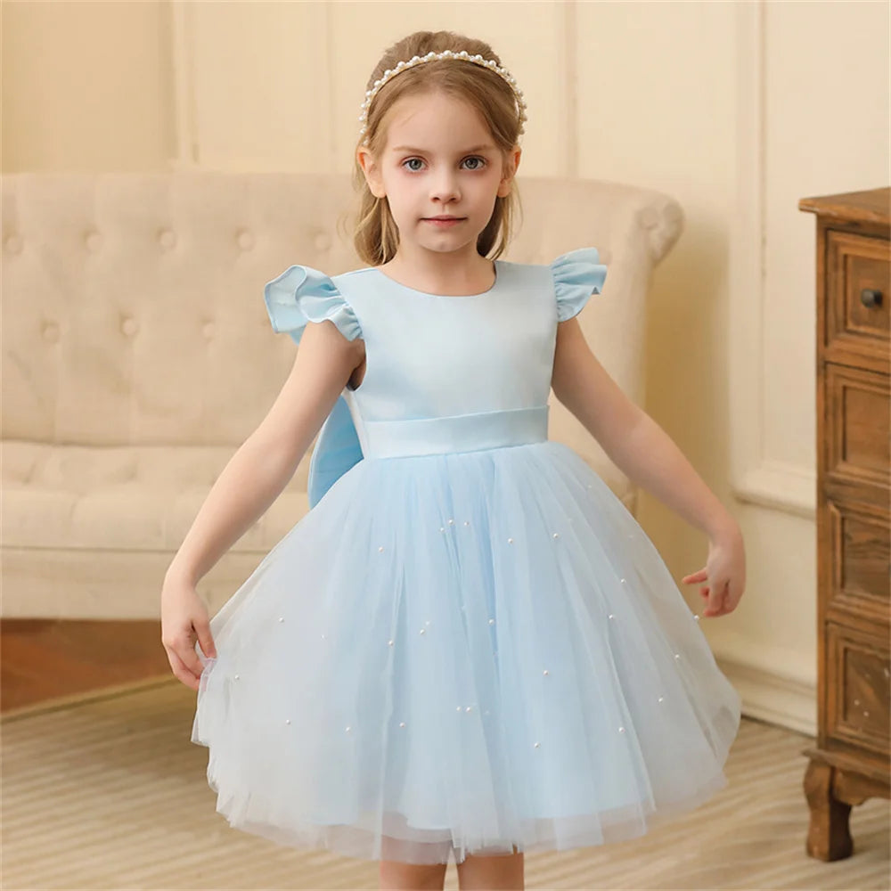 Toddler Girl Flower Birthday Tulle Dress Backless Bow Wedding Gown