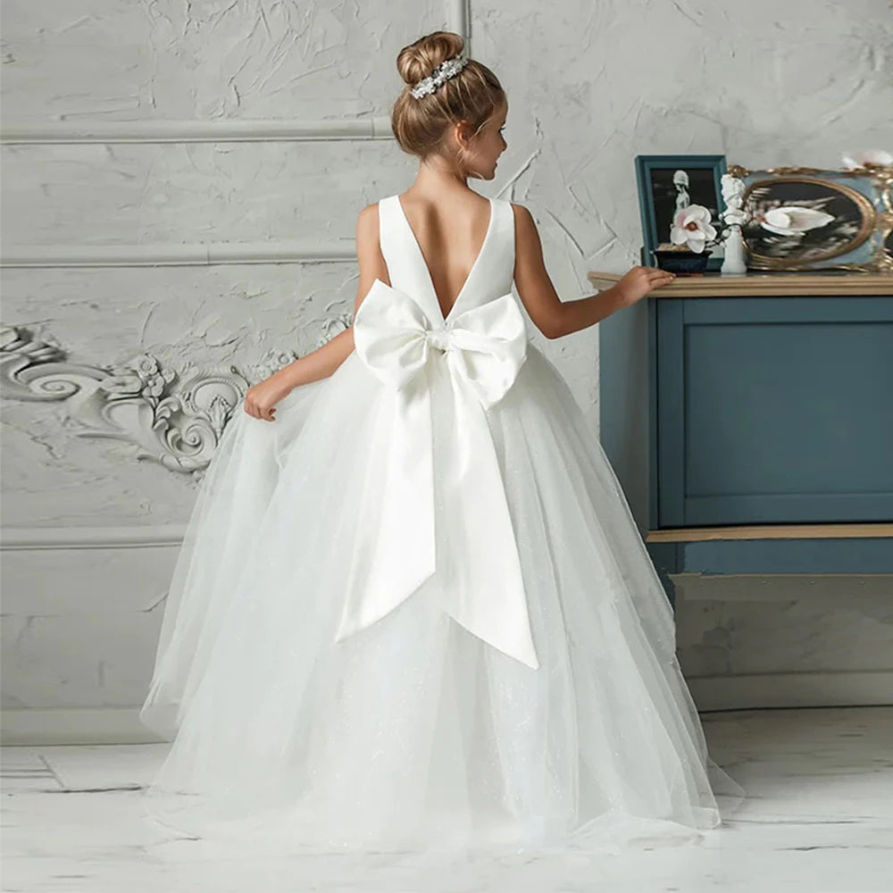 Girl Long White Bridesmaid Dresses For Wedding Prom Gown Big Bow Girls
