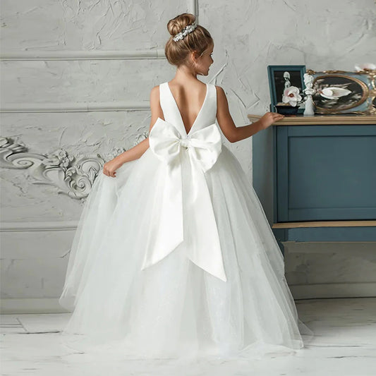 Girl Long White Bridesmaid Dresses For Wedding Prom Gown Big Bow Girls