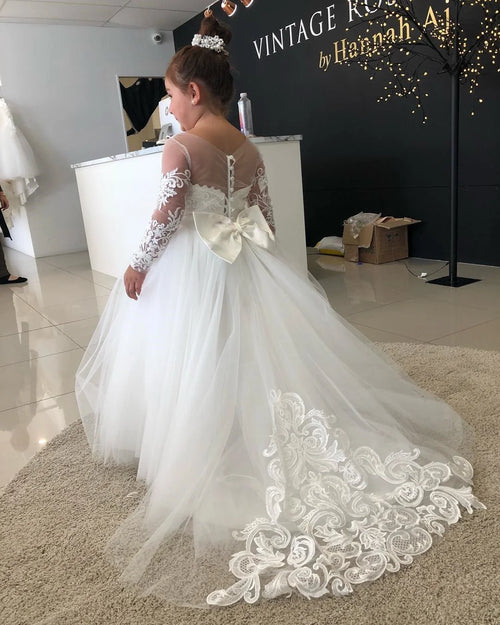 BABYONLINE Flower Girl Dresses For Weddings Long Sleeve Lace Tulle Bow