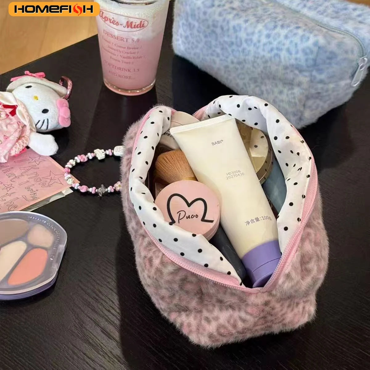 HOMEFISH Durable Fuzzy Makeup Bag Large Capacity Leopard Print