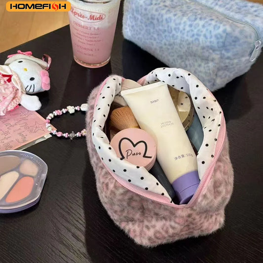 HOMEFISH Durable Fuzzy Makeup Bag Large Capacity Leopard Print