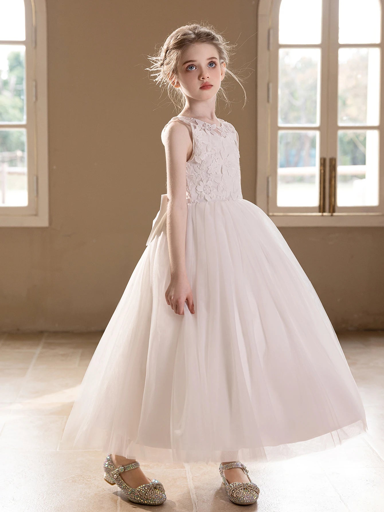 Teen Girls White Wedding Gauze Dress Lace Embroidery Big Bow Evening