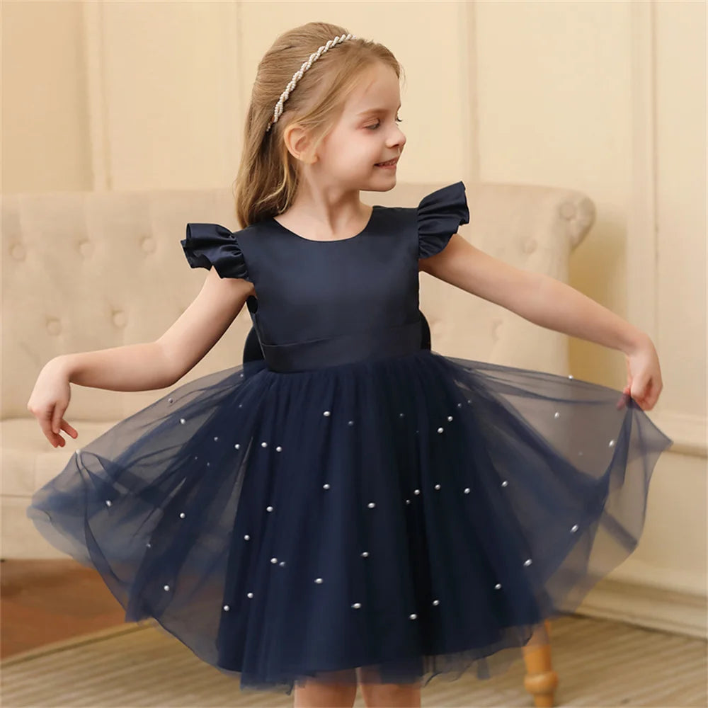 Toddler Girl Flower Birthday Tulle Dress Backless Bow Wedding Gown