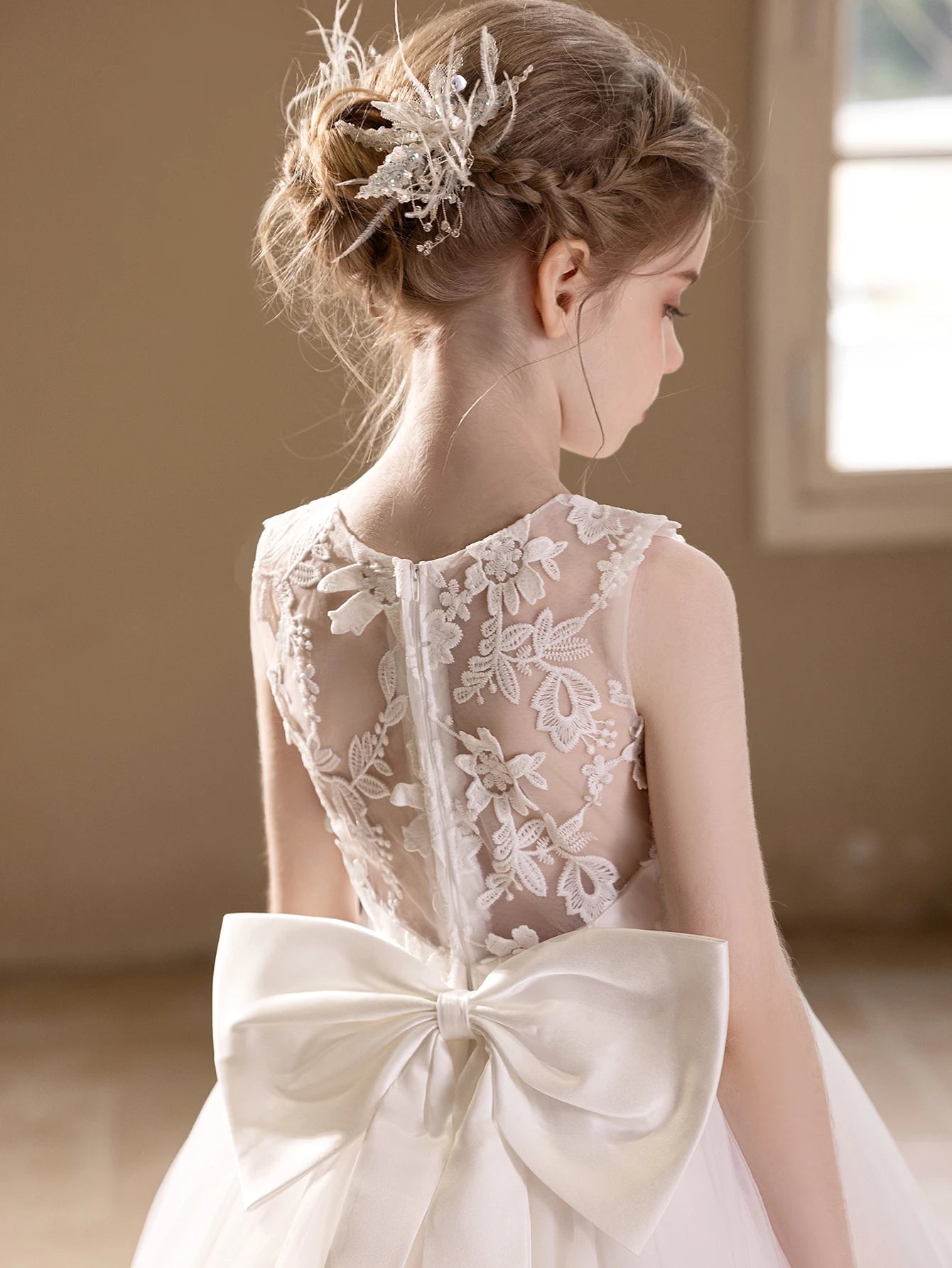 Teen Girls White Wedding Gauze Dress Lace Embroidery Big Bow Evening