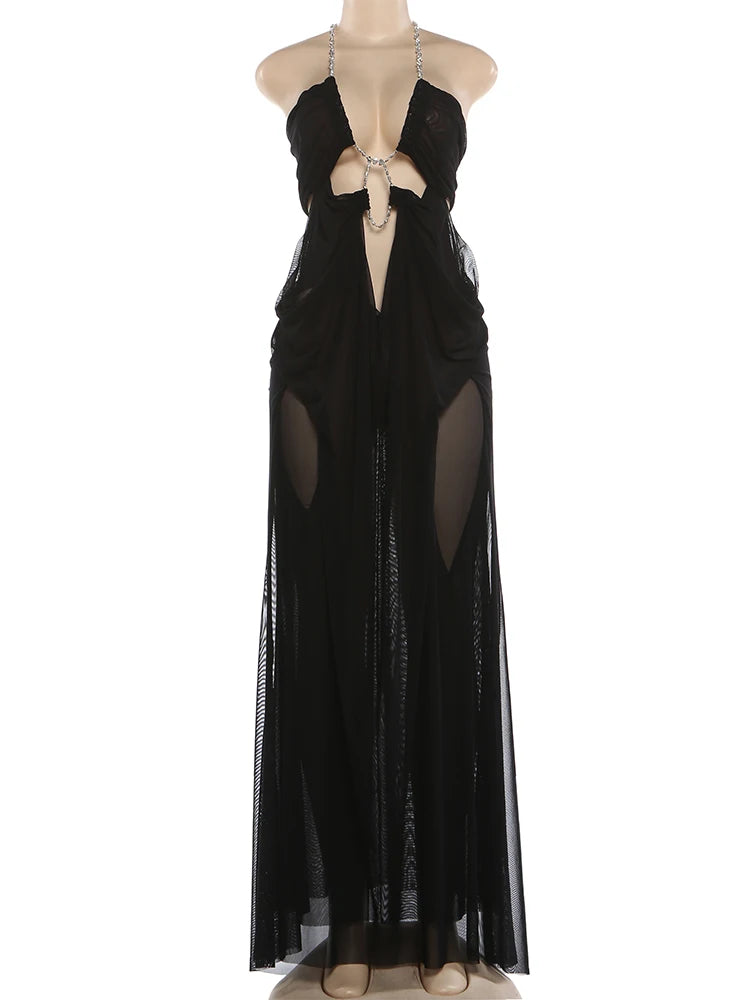 Nibber Prom Party Gown Dress Woman Sexy See Through Luxury Chain