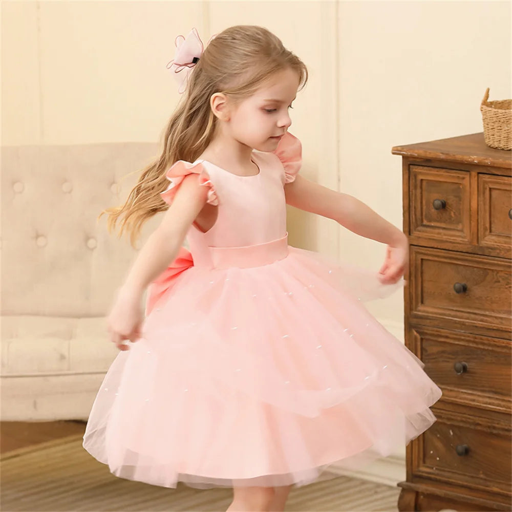 Toddler Girl Flower Birthday Tulle Dress Backless Bow Wedding Gown