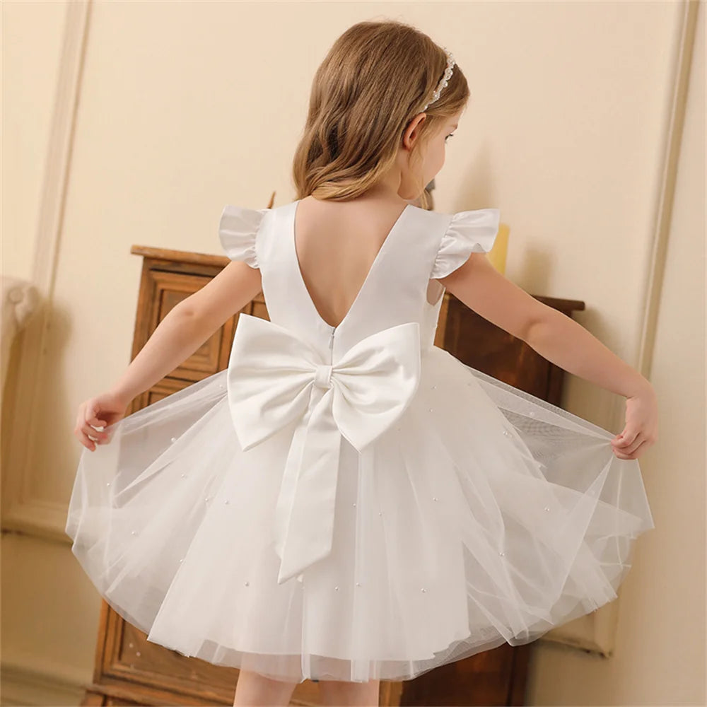 Toddler Girl Flower Birthday Tulle Dress Backless Bow Wedding Gown