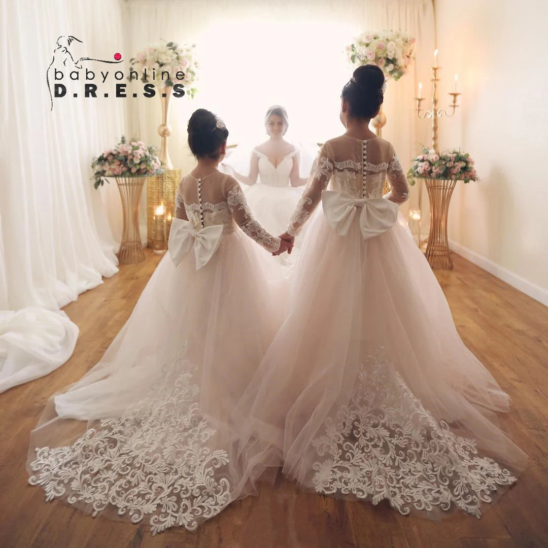BABYONLINE Long Sleeve Flower Girl Dresses For Wedding Guest Kids