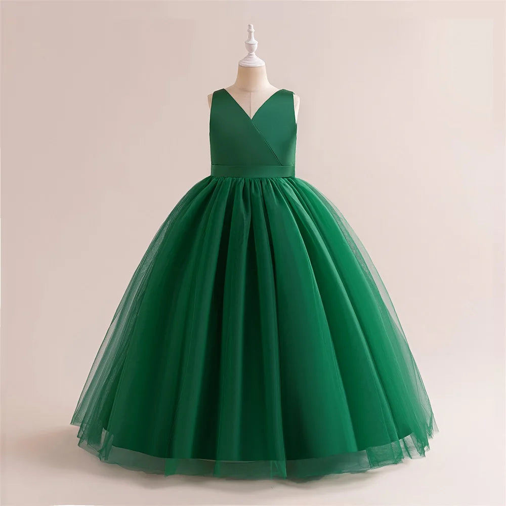 Girl Long White Bridesmaid Dresses For Wedding Prom Gown Big Bow Girls