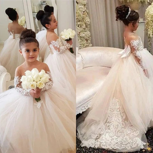 BABYONLINE Flower Girl Dresses For Weddings Long Sleeve Lace Tulle Bow