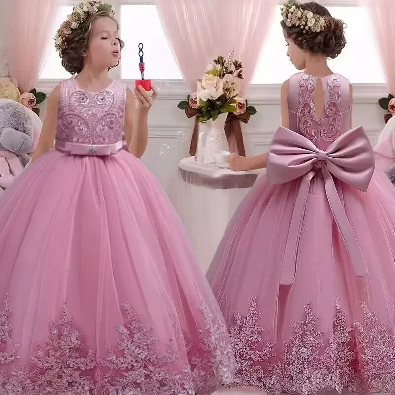 Childrens Dress 3-12 Year Old Embroidered Bow Wedding Dress Girl