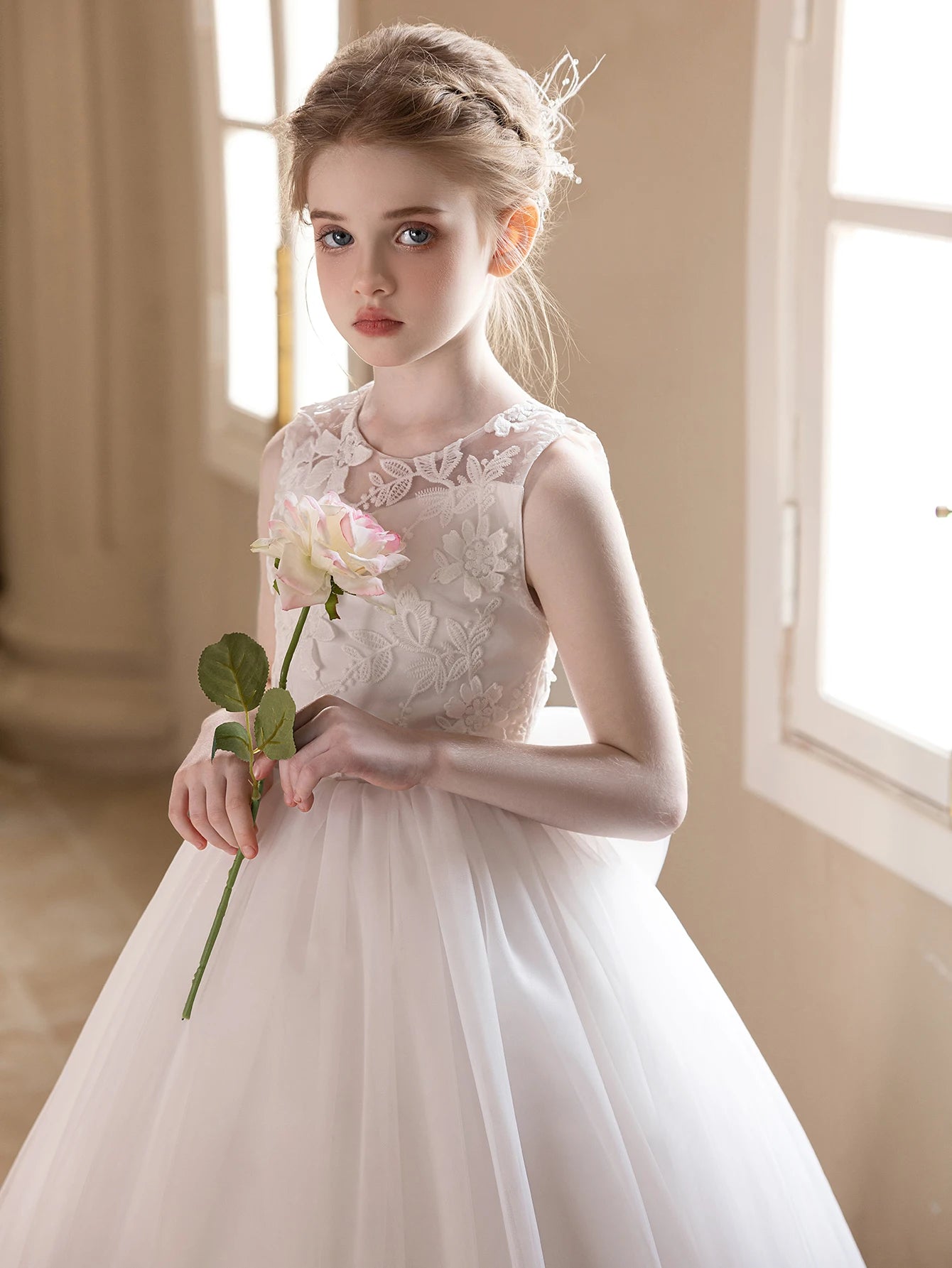 Teen Girls White Wedding Gauze Dress Lace Embroidery Big Bow Evening